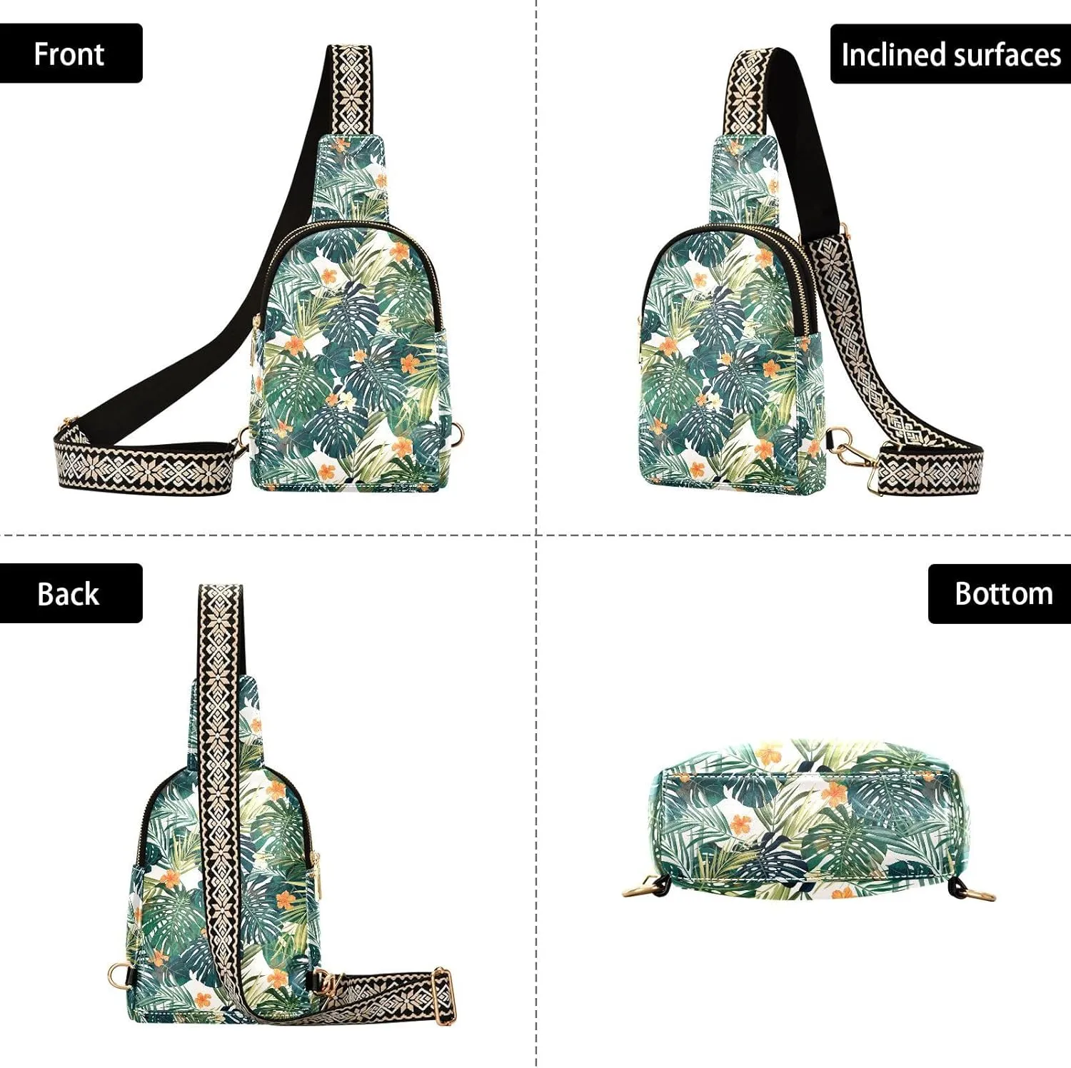 Small Sling Bag for Women Floral Palm Leather Fanny Pack Crossbody Bag Hibiscus Tropical Chest Bag Trendy Fashion Waist Packs for Outdoor Travel Sports Hiking