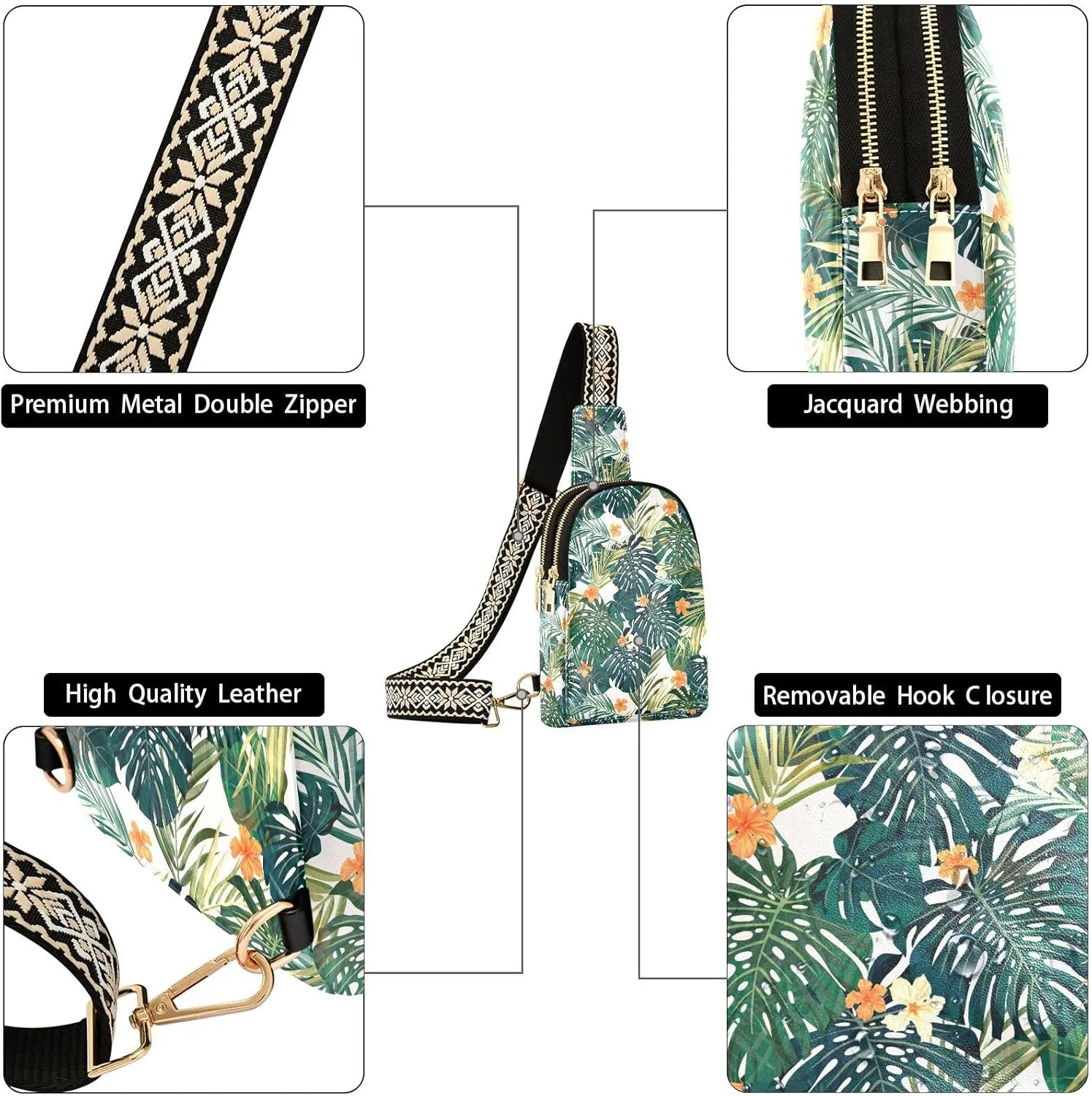Small Sling Bag for Women Floral Palm Leather Fanny Pack Crossbody Bag Hibiscus Tropical Chest Bag Trendy Fashion Waist Packs for Outdoor Travel Sports Hiking