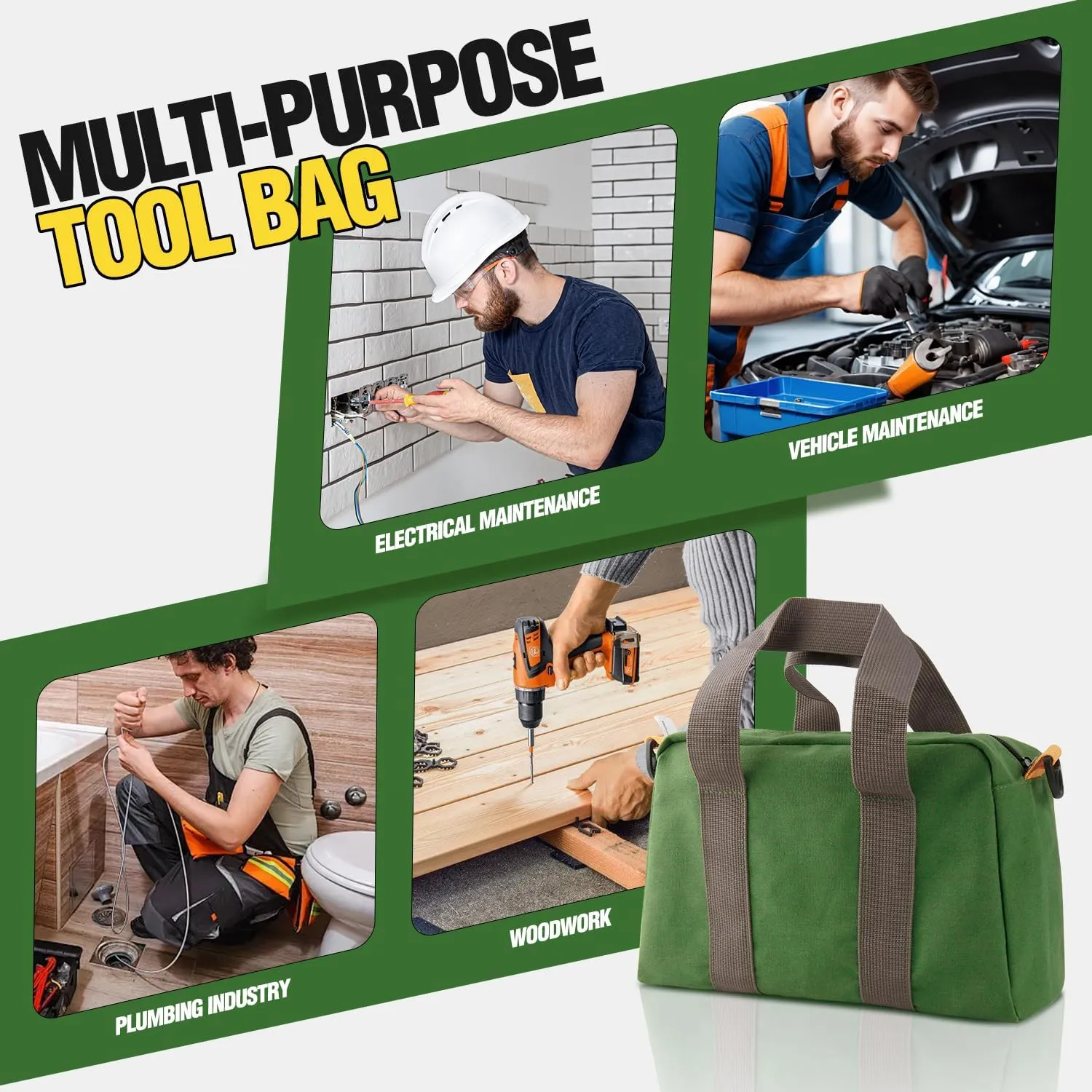 Small Tool Bag, Canvas Tool Storage Bag, Large Capacity Multipurpose Zipper Soft Tote Organizer Pouch, for Electrician, Plumbing, Gardening,Tools Bags for Men (Green, 14 Inch)