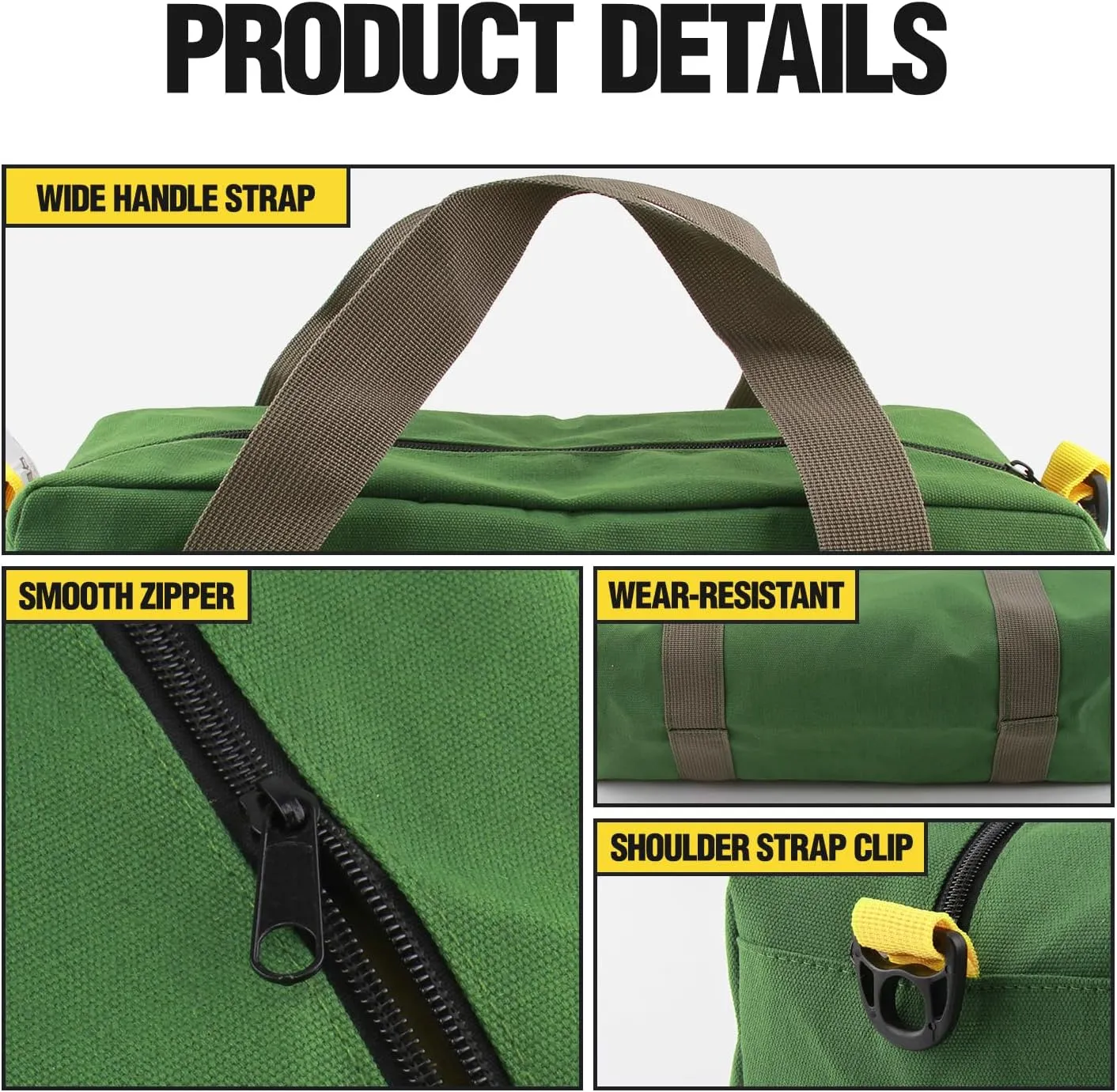 Small Tool Bag, Canvas Tool Storage Bag, Large Capacity Multipurpose Zipper Soft Tote Organizer Pouch, for Electrician, Plumbing, Gardening,Tools Bags for Men (Green, 14 Inch)