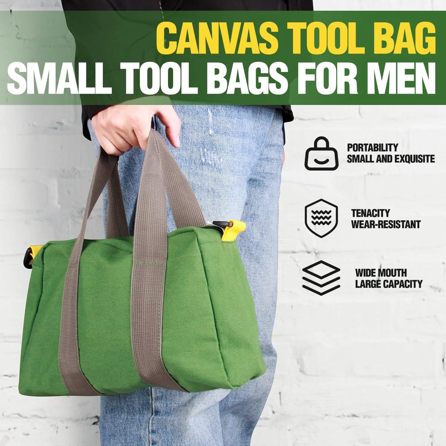 Small Tool Bag, Canvas Tool Storage Bag, Large Capacity Multipurpose Zipper Soft Tote Organizer Pouch, for Electrician, Plumbing, Gardening,Tools Bags for Men (Green, 14 Inch)