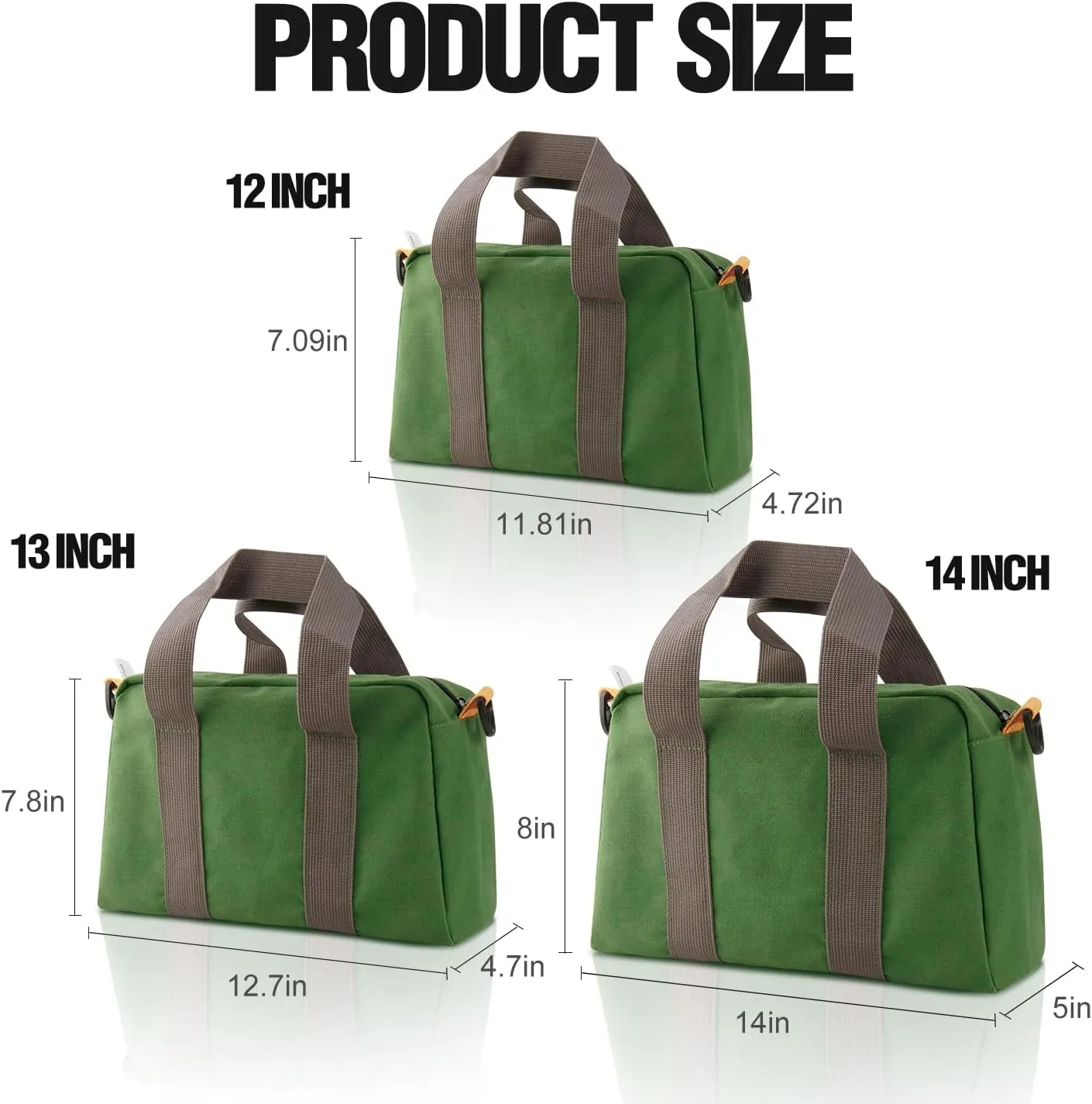 Small Tool Bag, Canvas Tool Storage Bag, Large Capacity Multipurpose Zipper Soft Tote Organizer Pouch, for Electrician, Plumbing, Gardening,Tools Bags for Men (Green, 14 Inch)