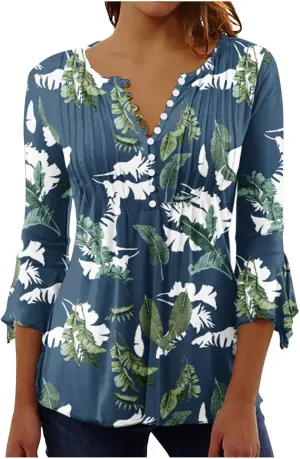 SMIDOW Three Quarter Bell Sleeve Tops for Women Fashion Summer Tunic Shirt 3/4 Sleeve Henley v Neck Boho Floral Tshirt Blouse