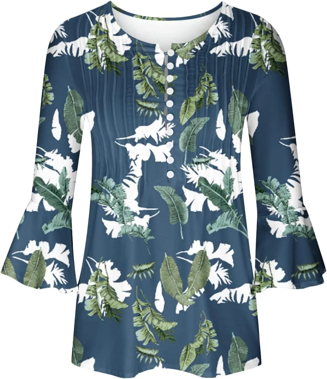 SMIDOW Three Quarter Bell Sleeve Tops for Women Fashion Summer Tunic Shirt 3/4 Sleeve Henley v Neck Boho Floral Tshirt Blouse
