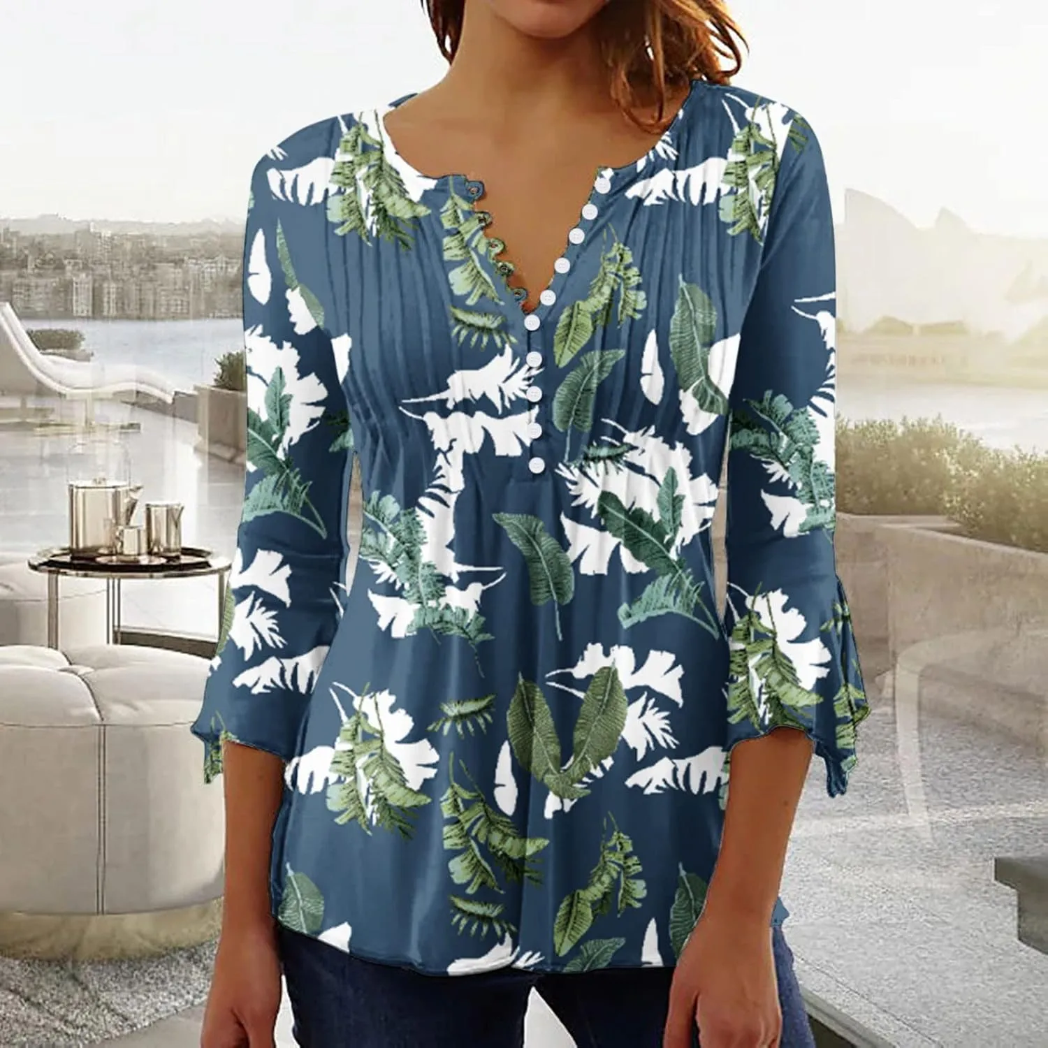 SMIDOW Three Quarter Bell Sleeve Tops for Women Fashion Summer Tunic Shirt 3/4 Sleeve Henley v Neck Boho Floral Tshirt Blouse