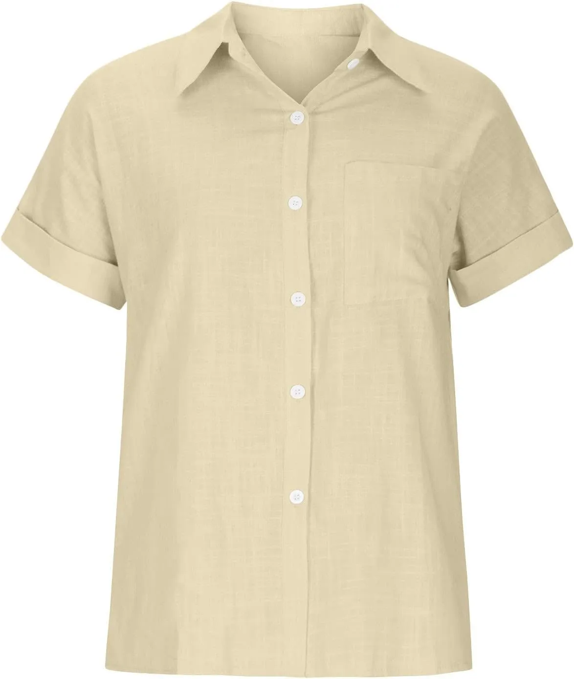 SMIDOW Womens Button Down Cotton Linen Shirts V Neck Roll Up Short Sleeve Blouses Loose Collared Shirt Casual Work Tops
