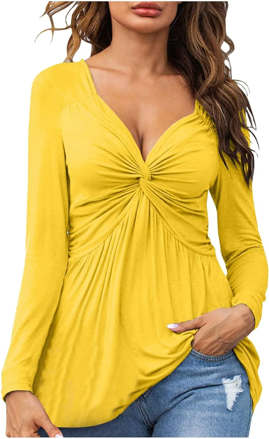 SMIDOW Womens Sexy Twist Front v Neck Tops Trendy Spring Long Sleeve Shirts Solid Casual Loose Comfy Pleated Blouse