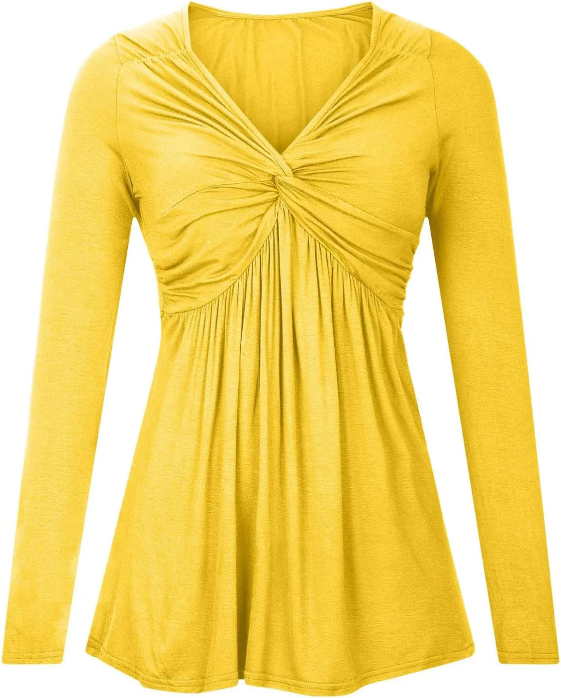 SMIDOW Womens Sexy Twist Front v Neck Tops Trendy Spring Long Sleeve Shirts Solid Casual Loose Comfy Pleated Blouse