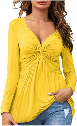 SMIDOW Womens Sexy Twist Front v Neck Tops Trendy Spring Long Sleeve Shirts Solid Casual Loose Comfy Pleated Blouse