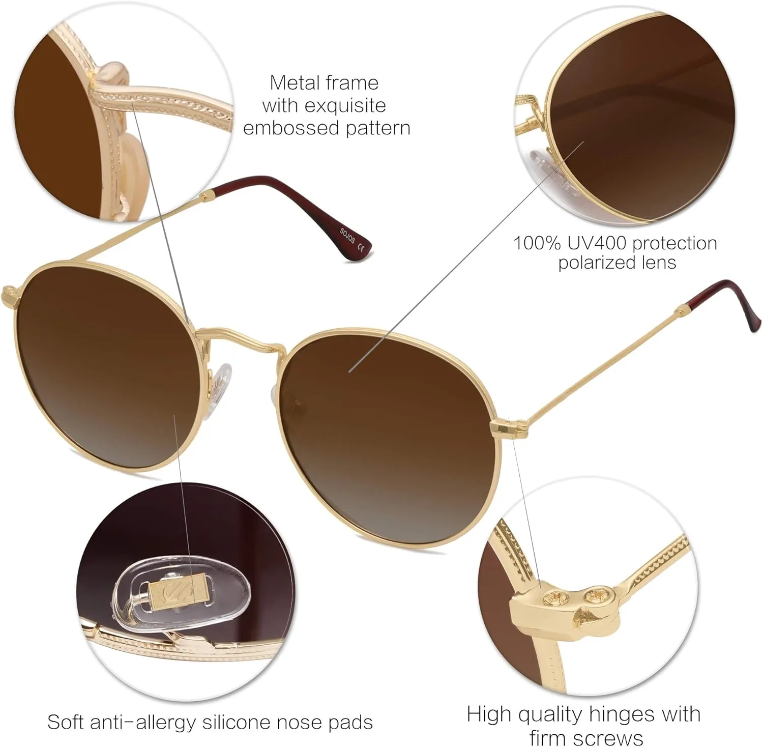 SOJOS Small Round Polarized Sunglasses for Women Men Classic Vintage Retro Shades UV400