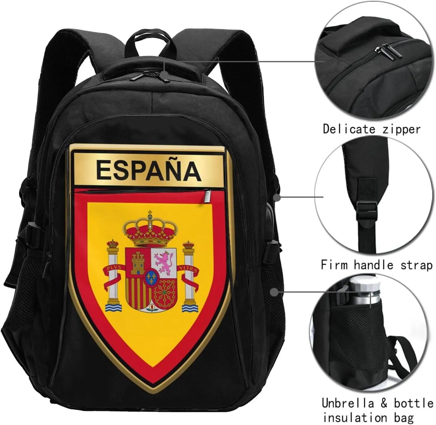 Spain Spanish Espana Flags Business Laptop Backpack Travel Backpacks Outdoor Rucksack Large Bag Daypack with USB Charging Port Multi-Pocket for Hiking Camping