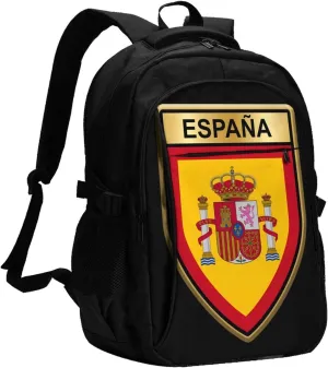 Spain Spanish Espana Flags Business Laptop Backpack Travel Backpacks Outdoor Rucksack Large Bag Daypack with USB Charging Port Multi-Pocket for Hiking Camping