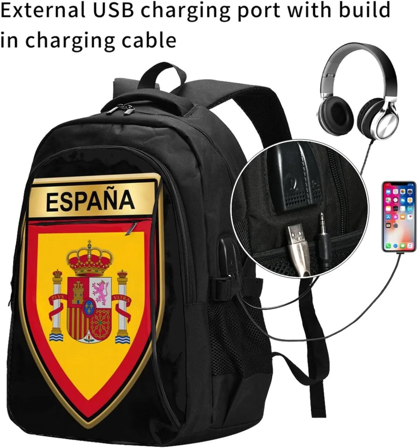 Spain Spanish Espana Flags Business Laptop Backpack Travel Backpacks Outdoor Rucksack Large Bag Daypack with USB Charging Port Multi-Pocket for Hiking Camping