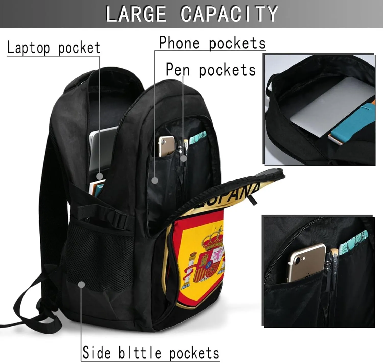 Spain Spanish Espana Flags Business Laptop Backpack Travel Backpacks Outdoor Rucksack Large Bag Daypack with USB Charging Port Multi-Pocket for Hiking Camping