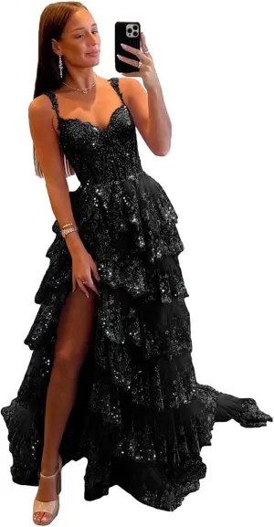 Sparkly Lace Tulle Tiered Prom Dresses 2025 Long Slit Spaghetti Straps Formal Corset Evening Party Gowns