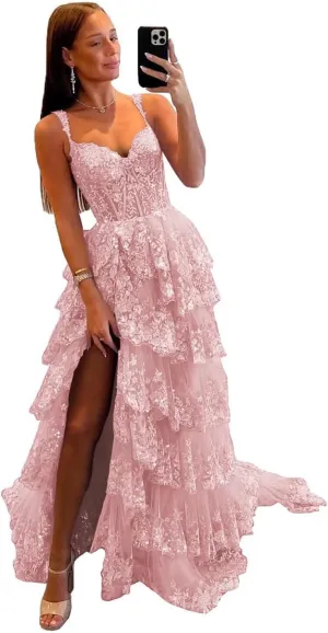 Sparkly Lace Tulle Tiered Prom Dresses 2025 Long Slit Spaghetti Straps Formal Corset Evening Party Gowns