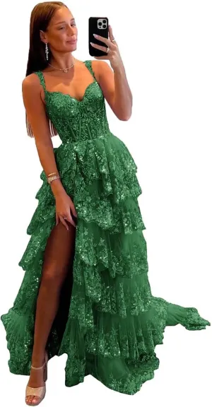 Sparkly Lace Tulle Tiered Prom Dresses 2025 Long Slit Spaghetti Straps Formal Corset Evening Party Gowns