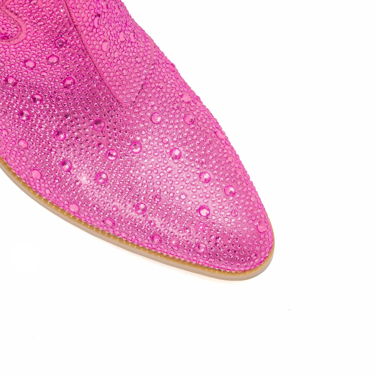 Sparkly Rhinestone Round Toe Zipper Slanted Heel Western Mid Calf Boots In Pink Gold Black