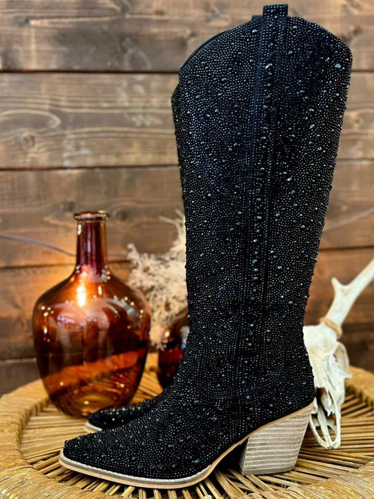 Sparkly Rhinestone Round Toe Zipper Slanted Heel Western Mid Calf Boots In Pink Gold Black