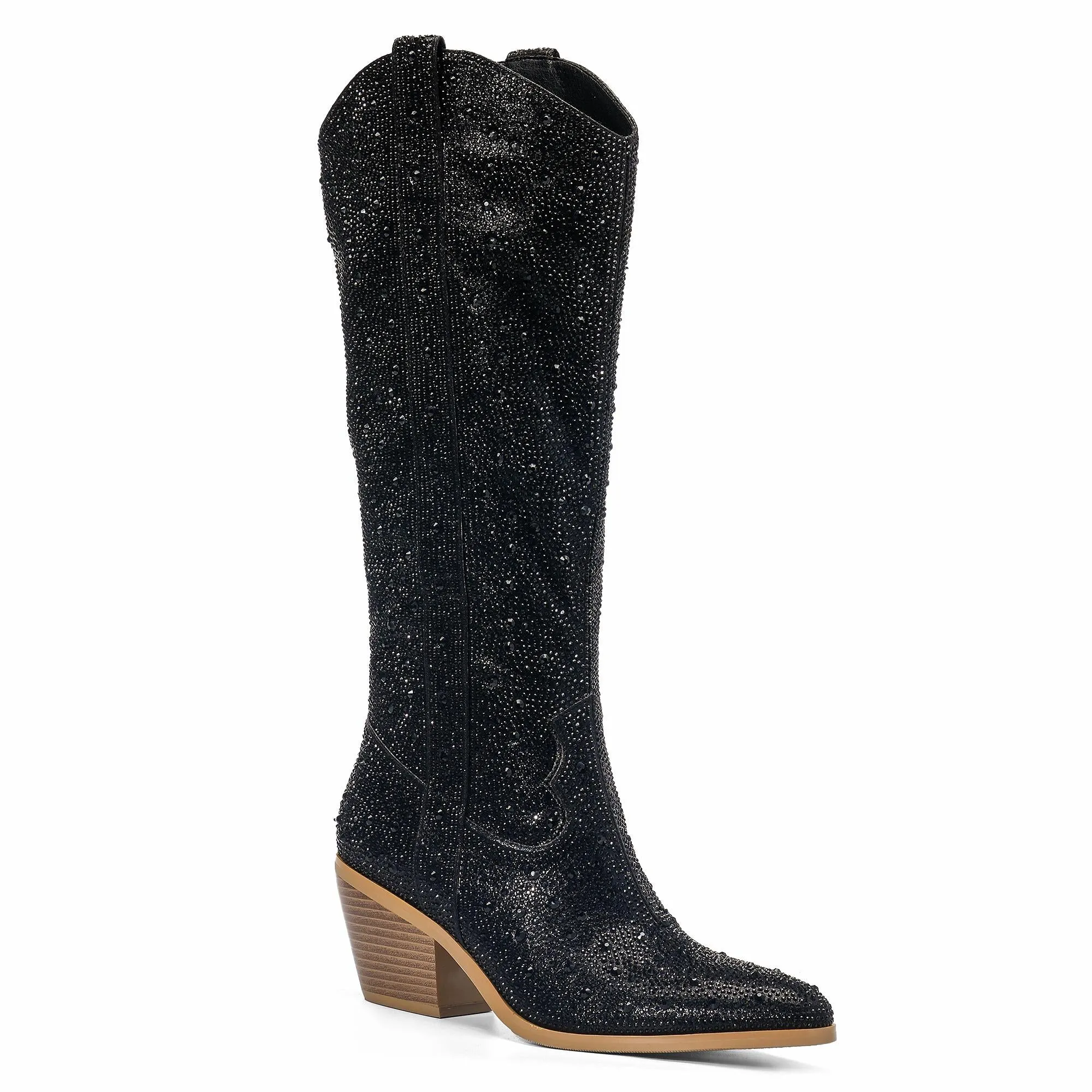 Sparkly Rhinestone Round Toe Zipper Slanted Heel Western Mid Calf Boots In Pink Gold Black