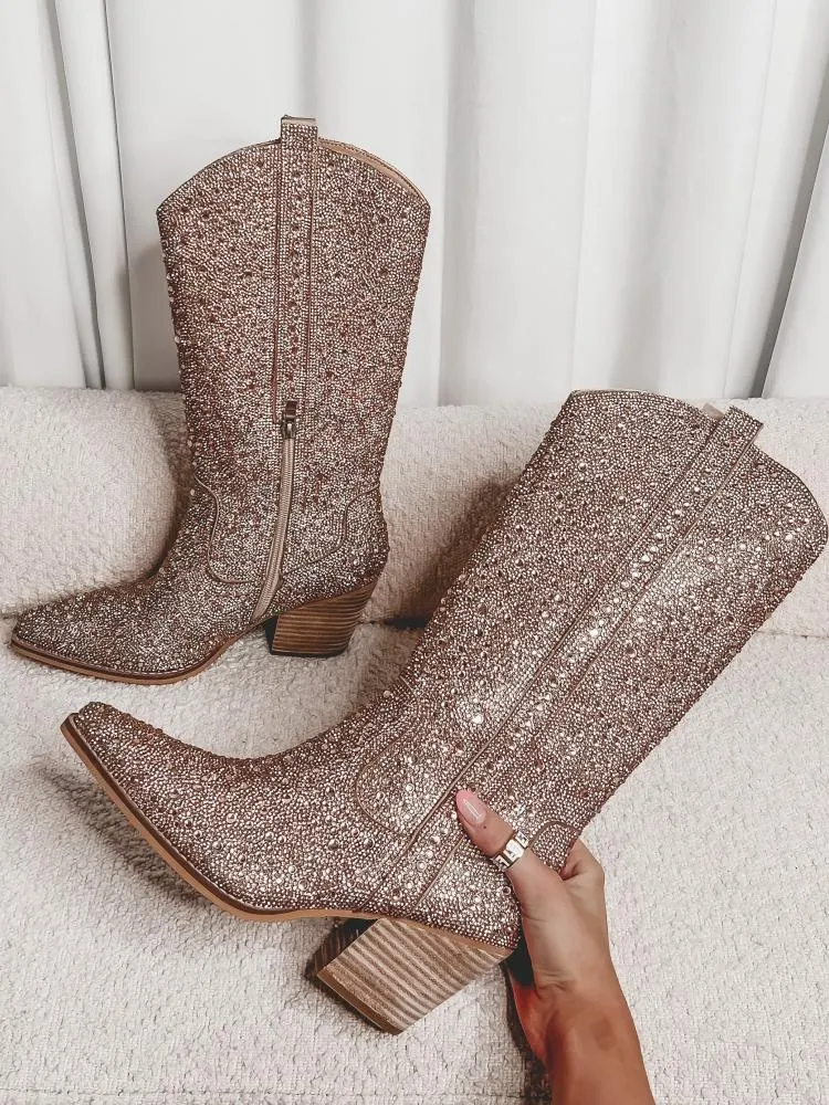 Sparkly Rhinestone Round Toe Zipper Slanted Heel Western Mid Calf Boots In Pink Gold Black