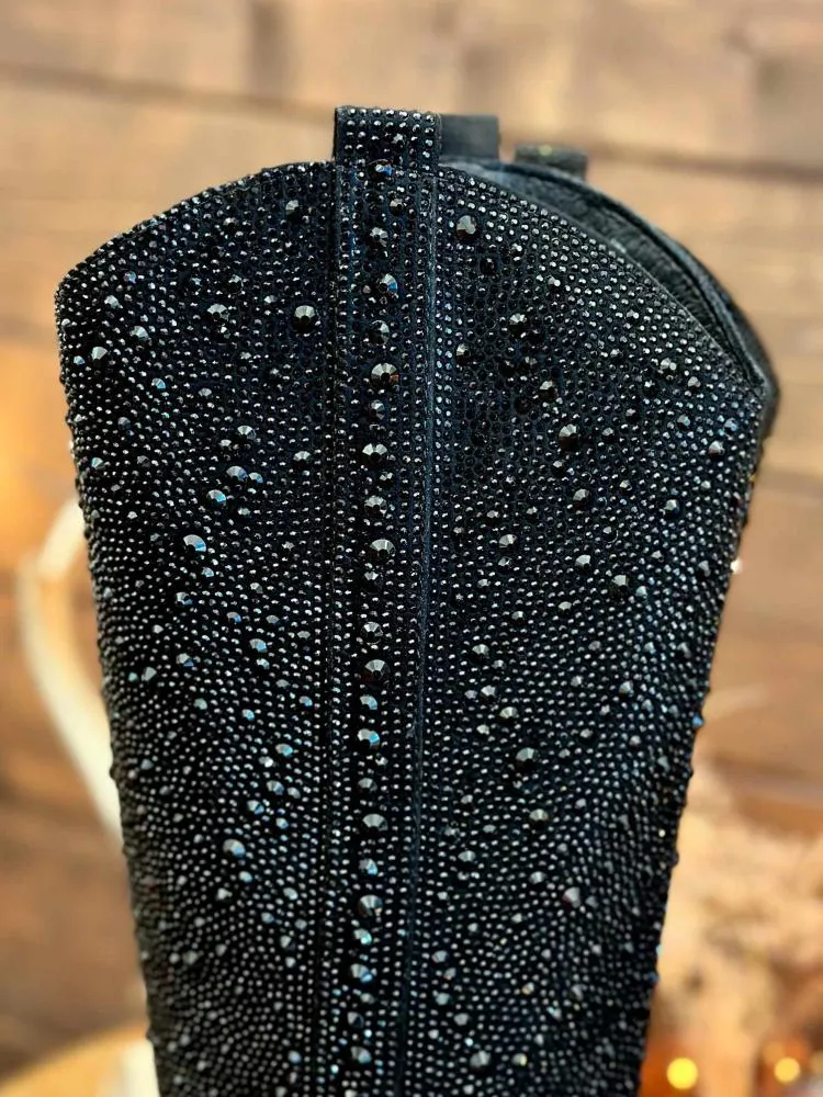 Sparkly Rhinestone Round Toe Zipper Slanted Heel Western Mid Calf Boots In Pink Gold Black