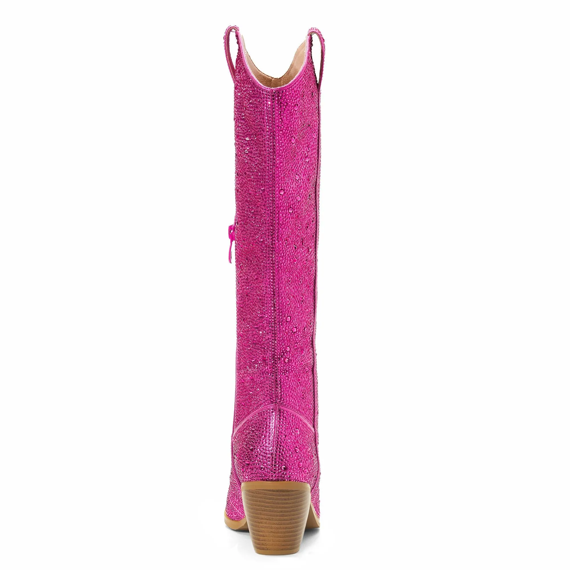 Sparkly Rhinestone Round Toe Zipper Slanted Heel Western Mid Calf Boots In Pink Gold Black