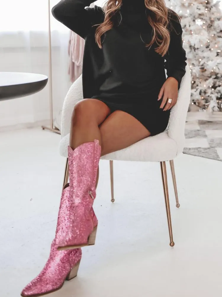 Sparkly Rhinestone Round Toe Zipper Slanted Heel Western Mid Calf Boots In Pink Gold Black