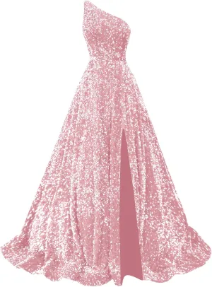 Sparkly Sequin Prom Dresses for Women 2025 Long Split One Shoulder Formal Evening Ball Gown with Pockets