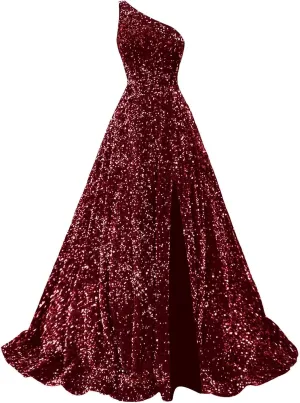 Sparkly Sequin Prom Dresses for Women 2025 Long Split One Shoulder Formal Evening Ball Gown with Pockets