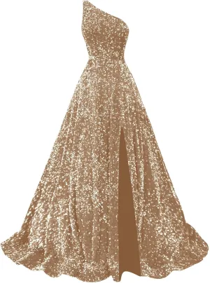 Sparkly Sequin Prom Dresses for Women 2025 Long Split One Shoulder Formal Evening Ball Gown with Pockets
