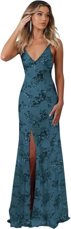 Sparkly Sequin Prom Dresses Long Bodycon Mermaid Formal Dress Evening Party Gowns with Slit