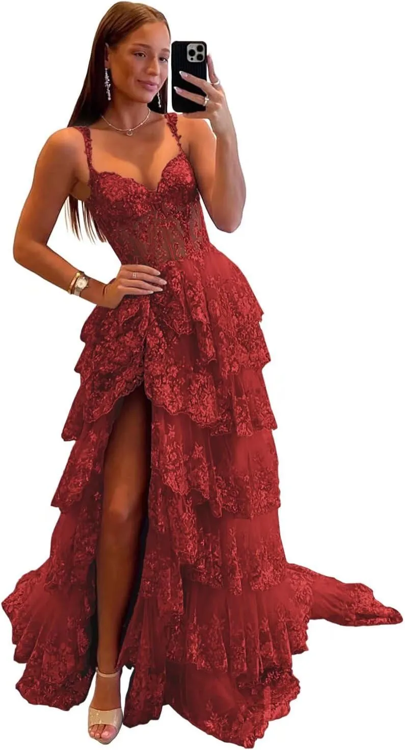 Sparkly Tiered Lace Tulle Prom Dresses Long Spaghetti Straps Formal Evening Party Gown