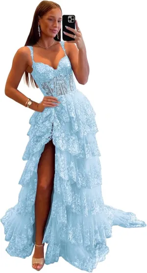 Sparkly Tiered Lace Tulle Prom Dresses Long Spaghetti Straps Formal Evening Party Gown