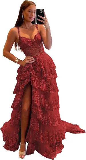 Sparkly Tiered Lace Tulle Prom Dresses Long Spaghetti Straps Formal Evening Party Gown