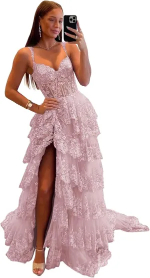 Sparkly Tiered Lace Tulle Prom Dresses Long Spaghetti Straps Formal Evening Party Gown