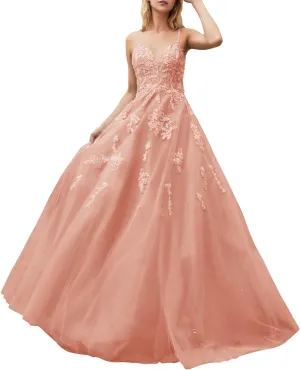 Sparkly Tulle Prom Dresses for Teens Lace Appliques Beaded Long Ball Gowns Spaghetti Straps Formal Dresses
