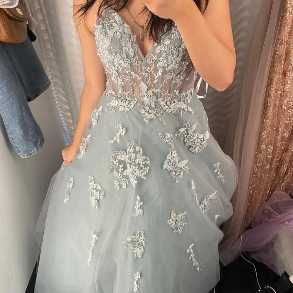 Sparkly Tulle Prom Dresses for Teens Lace Appliques Beaded Long Ball Gowns Spaghetti Straps Formal Dresses