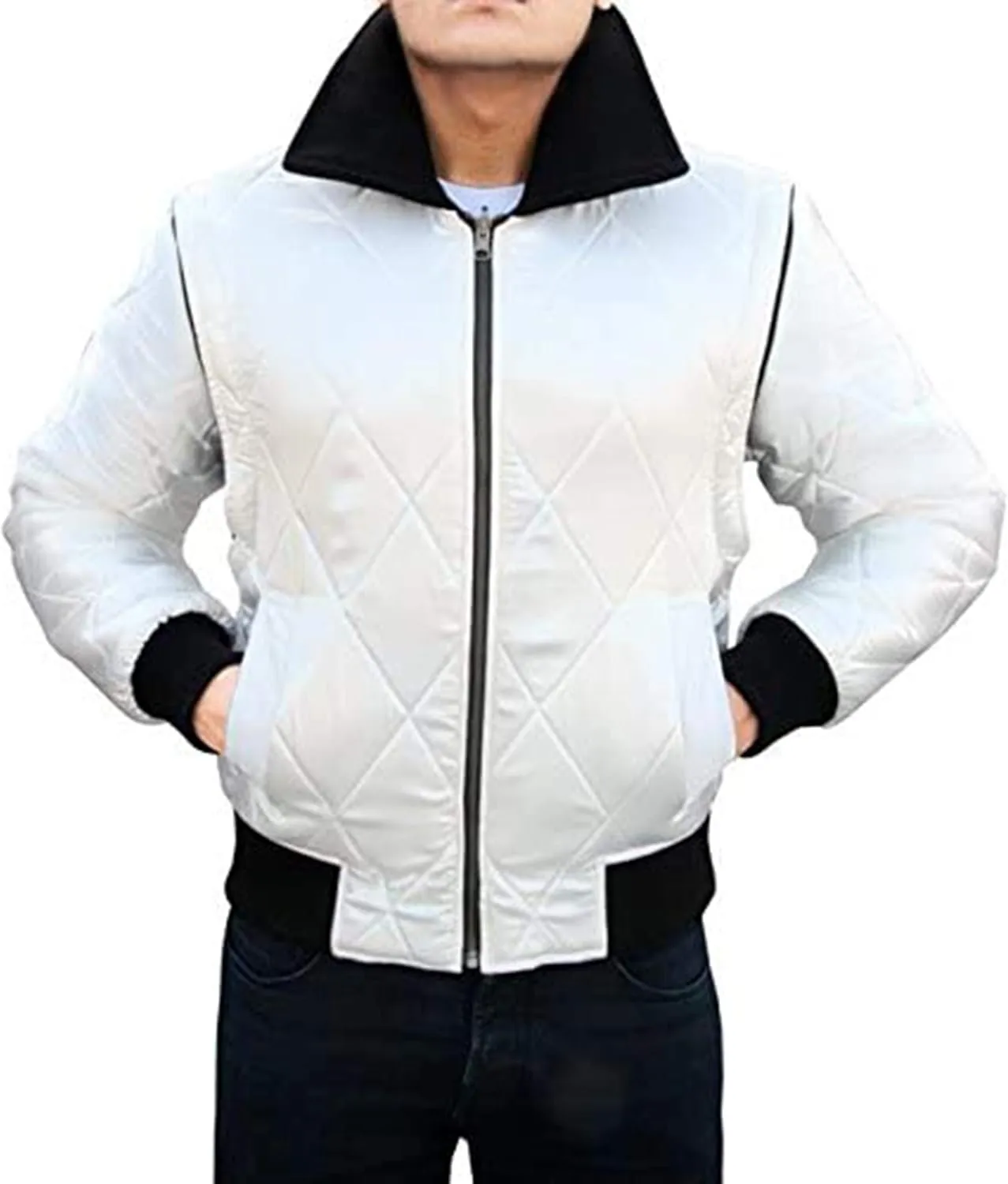 SpazeUp Mens White Drive Quilted Satin Bomber Jacket - Reversible Scorpio Logo Bomber Jackets for Men