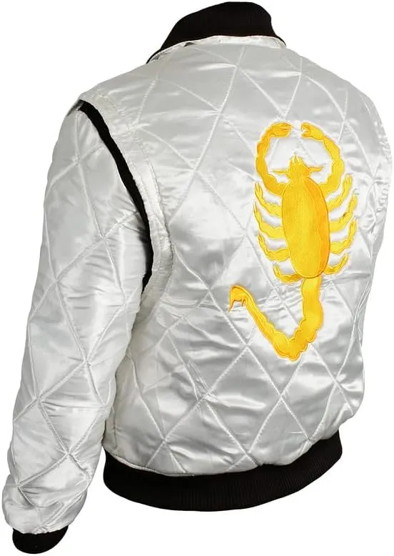 SpazeUp Mens White Drive Quilted Satin Bomber Jacket - Reversible Scorpio Logo Bomber Jackets for Men