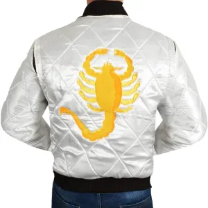 SpazeUp Mens White Drive Quilted Satin Bomber Jacket - Reversible Scorpio Logo Bomber Jackets for Men