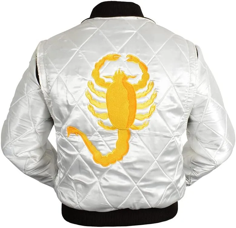 SpazeUp Mens White Drive Quilted Satin Bomber Jacket - Reversible Scorpio Logo Bomber Jackets for Men