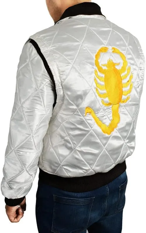 SpazeUp Mens White Drive Quilted Satin Bomber Jacket - Reversible Scorpio Logo Bomber Jackets for Men