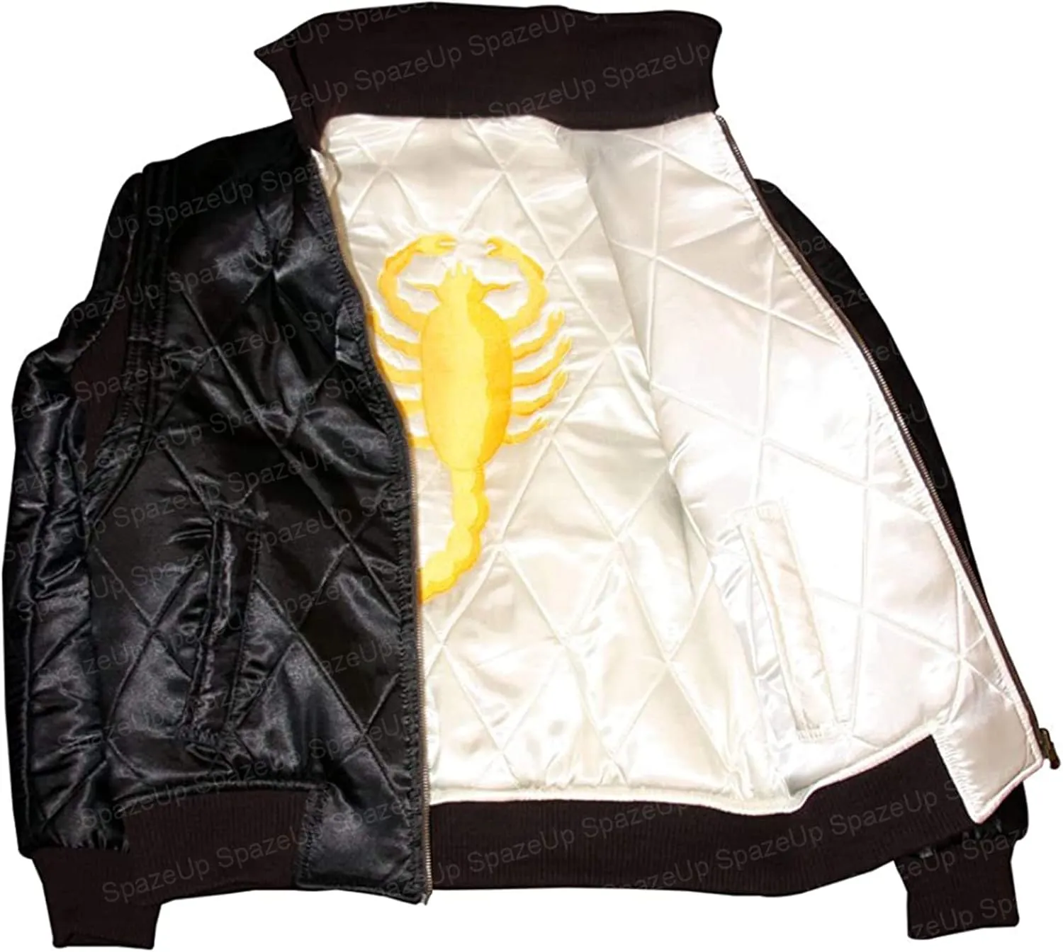 SpazeUp Mens White Drive Quilted Satin Bomber Jacket - Reversible Scorpio Logo Bomber Jackets for Men
