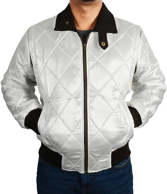SpazeUp Mens White Drive Quilted Satin Bomber Jacket - Reversible Scorpio Logo Bomber Jackets for Men