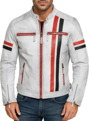 SpazeUp Mens White Leather Jacket - Vintage Retro Rider Biker Jackets for Men - Red Black Stripes Motorcycle Jacket