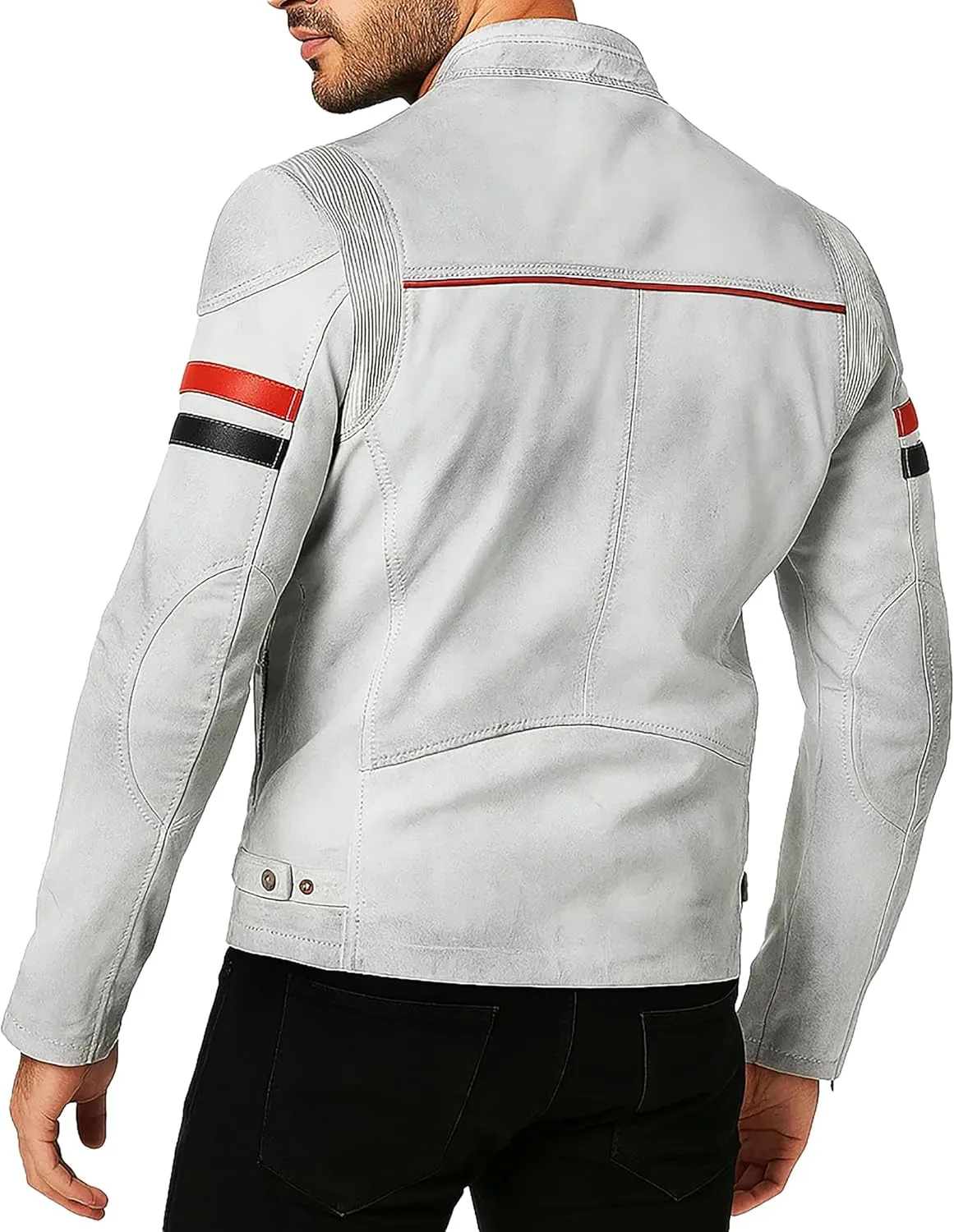 SpazeUp Mens White Leather Jacket - Vintage Retro Rider Biker Jackets for Men - Red Black Stripes Motorcycle Jacket