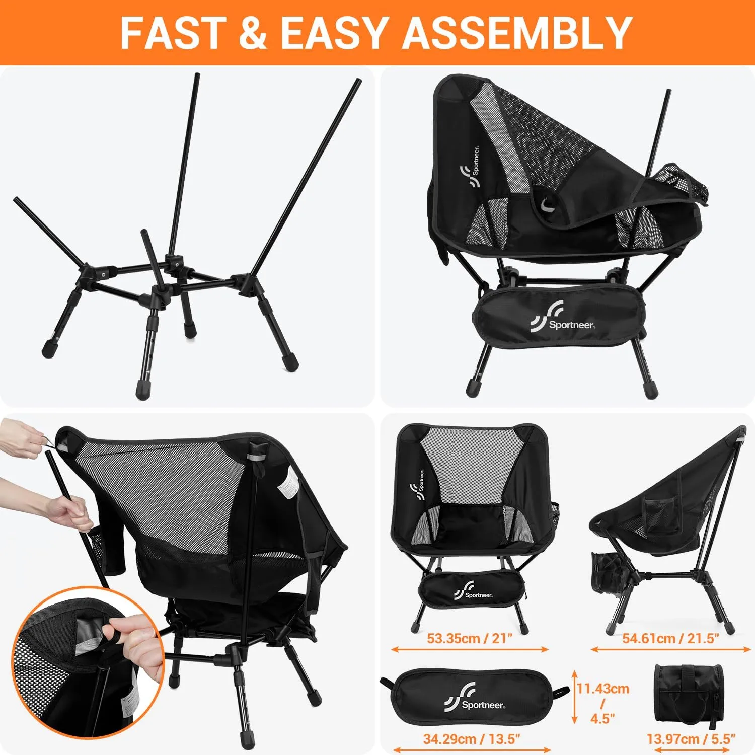 Sportneer Camping Chairs, Folding Chairs for Outside Adjustable Height Beach Chair for Adults Portable Camp Chairs Foldable Compact Backpacking Chair for Camping Hiking Picnic Outdoor (1, Black)