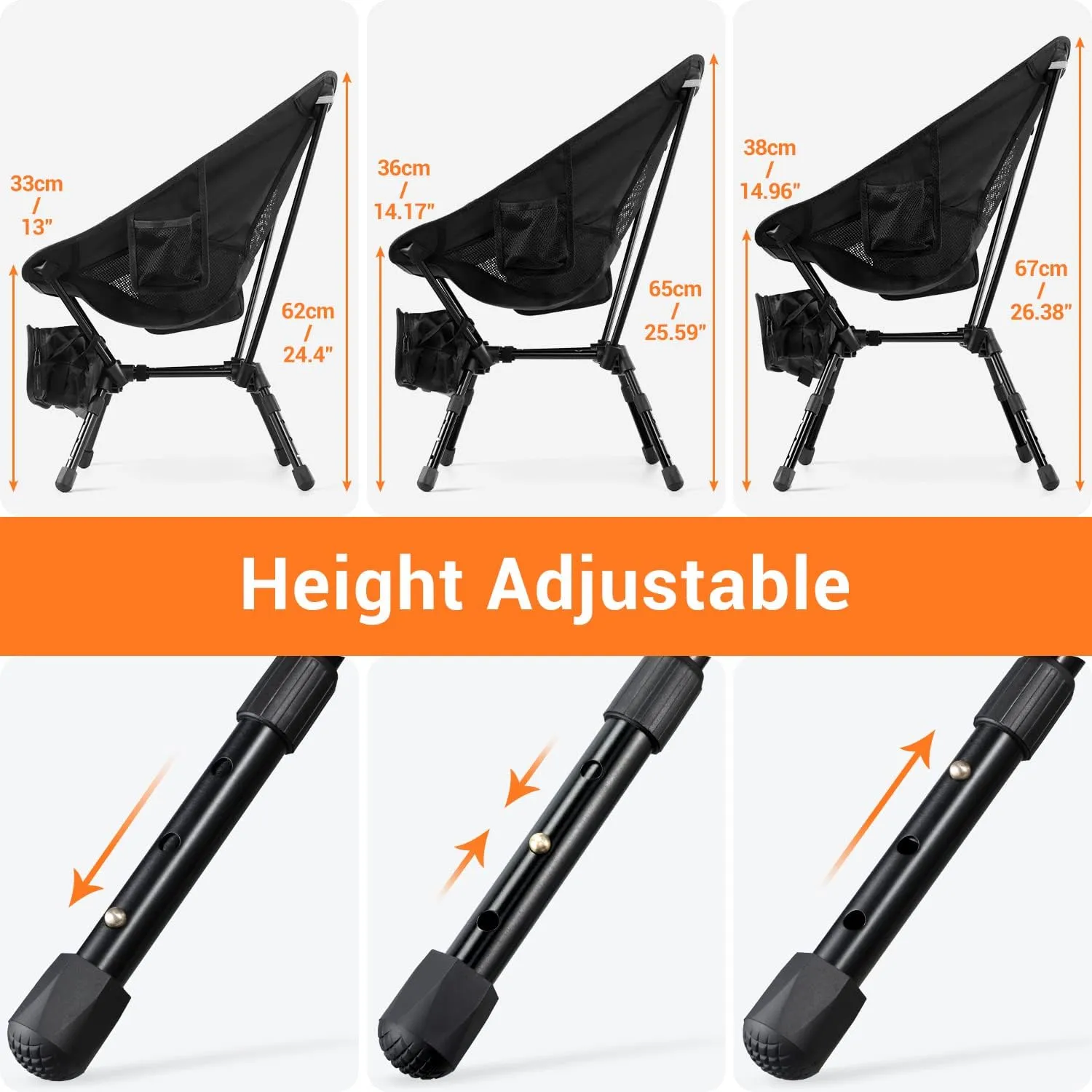 Sportneer Camping Chairs, Folding Chairs for Outside Adjustable Height Beach Chair for Adults Portable Camp Chairs Foldable Compact Backpacking Chair for Camping Hiking Picnic Outdoor (1, Black)