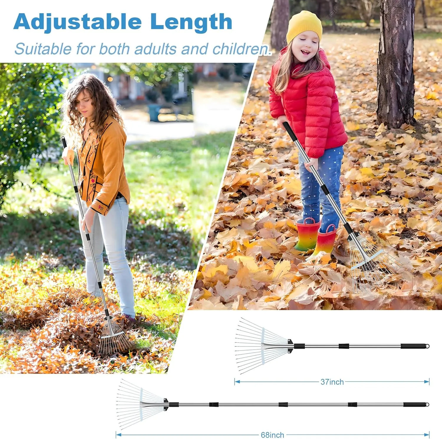 Stainless Steel Garden Leaf Rake, Strong Metal Rake for Leaves, Adjustable Length 37"-68", Adjustable Expandable Head 7"-15", for Lawn Garden Yard Flowers Beds Bush